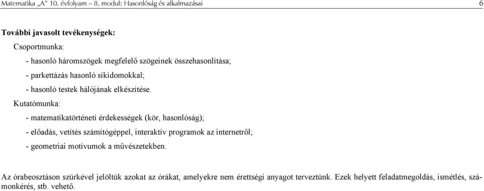 parkettázás hasonló síkidomokkal; - hasonló testek hálójának elkészítése.