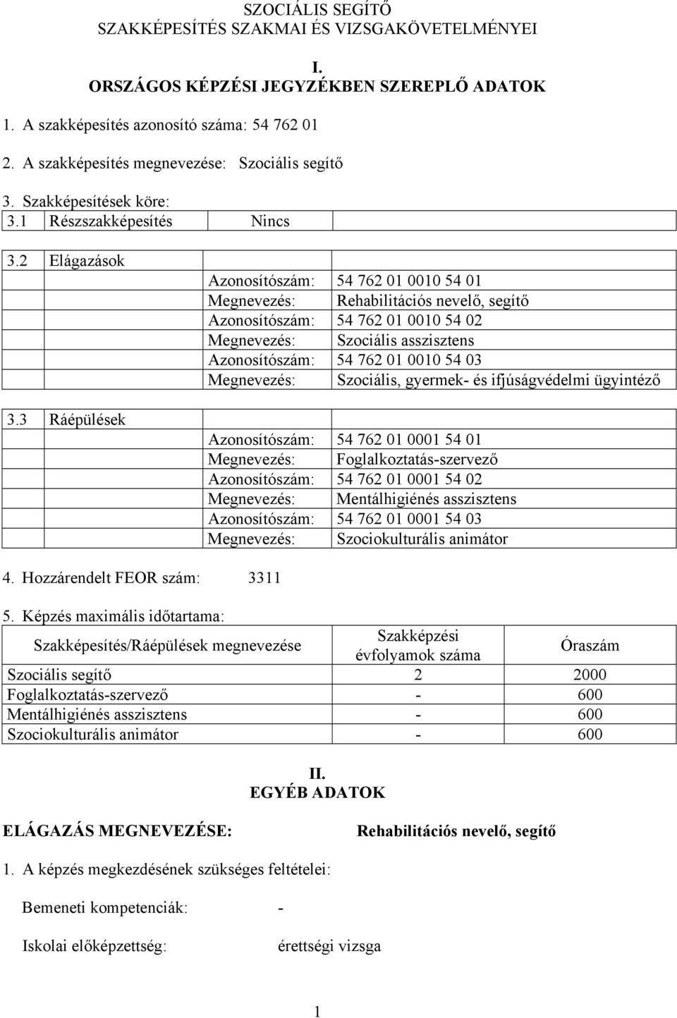 3 Ráépülések Azonosítószám: 54 762 01 0010 54 01 Megnevezés: Rehabilitációs nevelő, segítő Azonosítószám: 54 762 01 0010 54 02 Megnevezés: Szociális asszisztens Azonosítószám: 54 762 01 0010 54 03