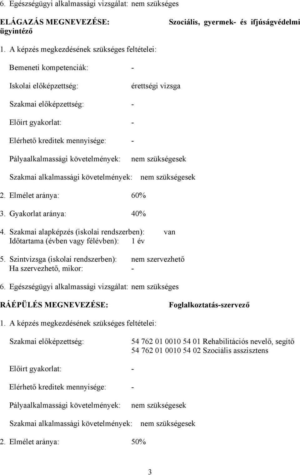 Pályaalkalmassági követelmények: nem szükségesek Szakmai alkalmassági követelmények: nem szükségesek 2. Elmélet aránya: 60% 3. Gyakorlat aránya: 40% 4.