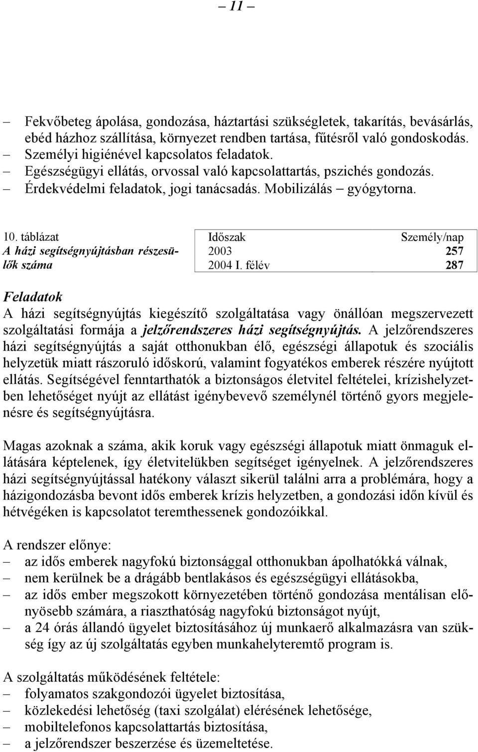 táblázat A házi segítségnyújtásban részesülők száma Időszak Személy/nap 2003 257 2004 I.