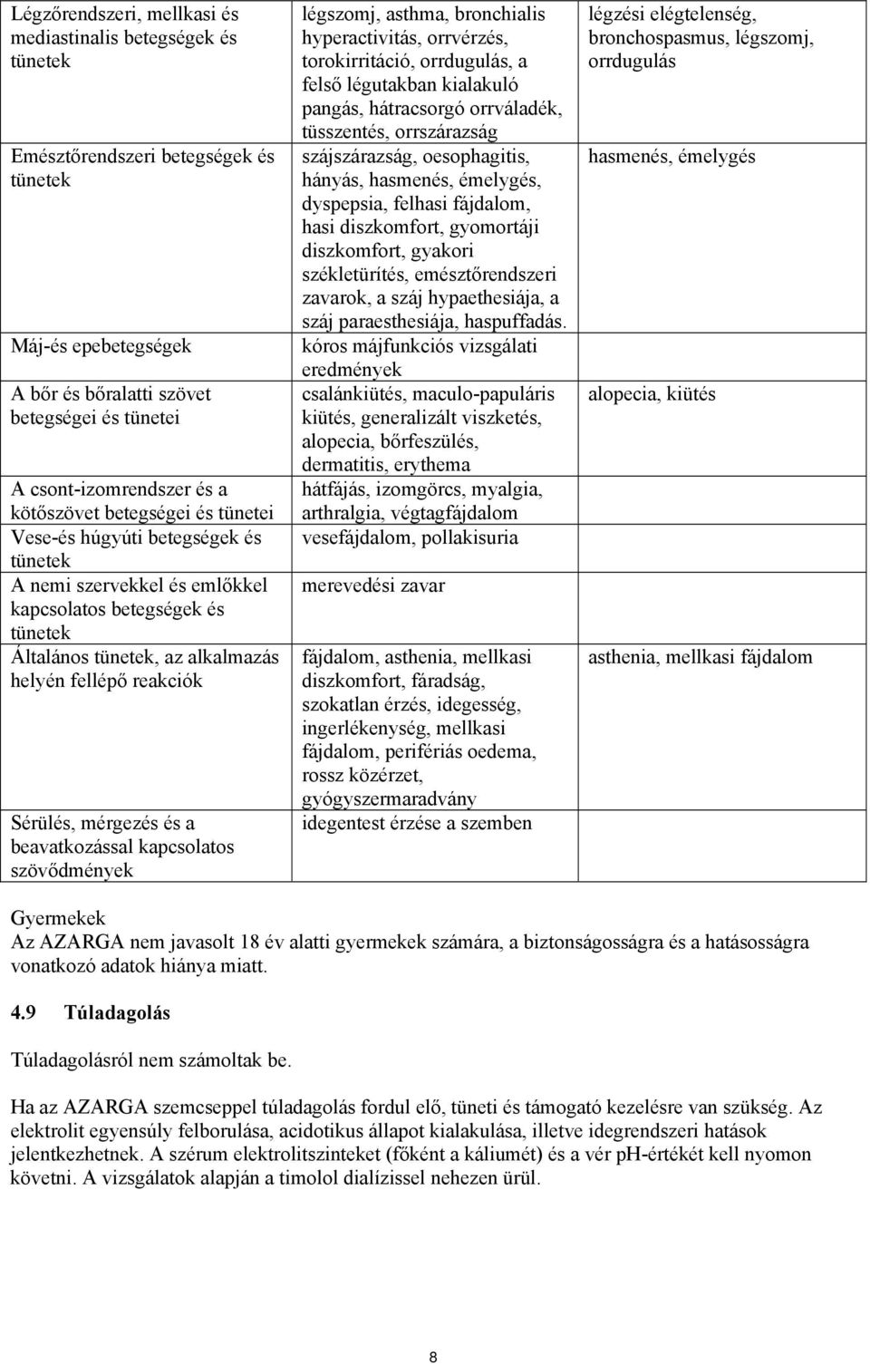 Sérülés, mérgezés és a beavatkozással kapcsolatos szövődmények légszomj, asthma, bronchialis hyperactivitás, orrvérzés, torokirritáció, orrdugulás, a felső légutakban kialakuló pangás, hátracsorgó