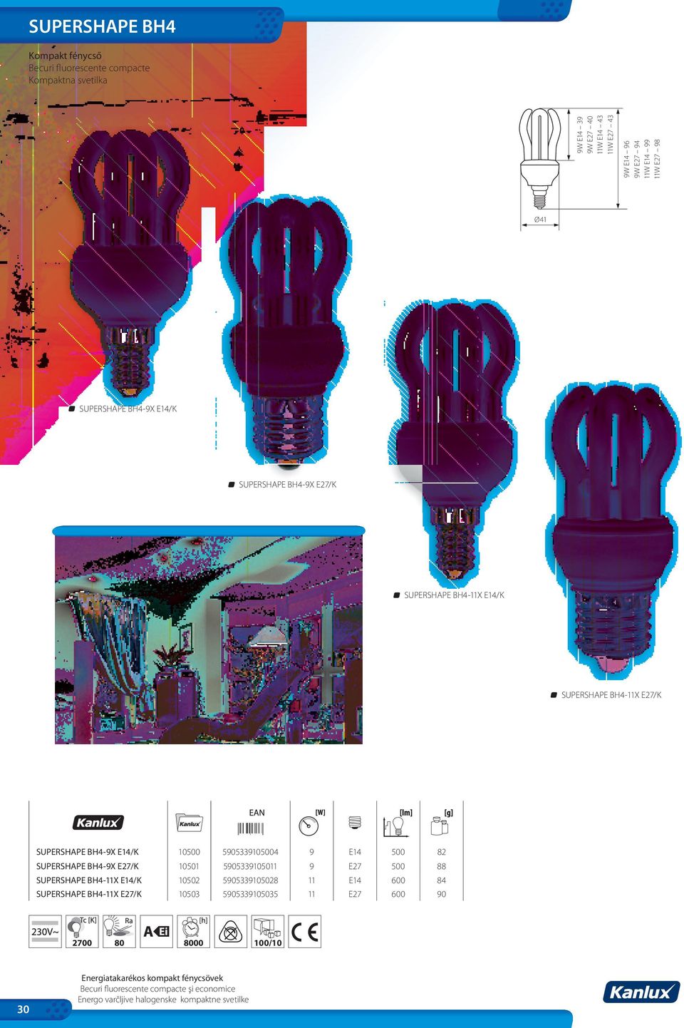 82 SUPERSHAPE BH4-9X E27/K 10501 5905339105011 9 E27 500 88 SUPERSHAPE BH4-11X E14/K 10502 5905339105028 11 E14 600 84 SUPERSHAPE BH4-11X E27/K 10503