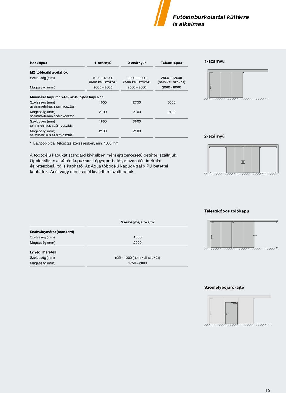 -ajtós kapuknál Szélesség (mm) 1650 2750 3500 aszimmetrikus szárnyosztás Magasság (mm) 2100 2100 2100 aszimmetrikus szárnyosztás Szélesség (mm) 1650 3500 szimmetrikus szárnyosztás Magasság (mm)
