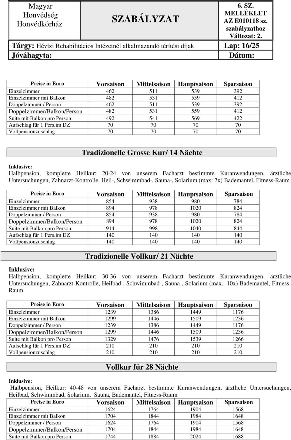 im DZ 70 70 70 70 Vollpensionzuschlag 70 70 70 70 Tradizionelle Grosse Kur/ 14 Nächte Inklusive: Halbpension, komplette Heilkur: 20-24 von unserem Facharzt bestimmte Kuranwendungen, ärztliche