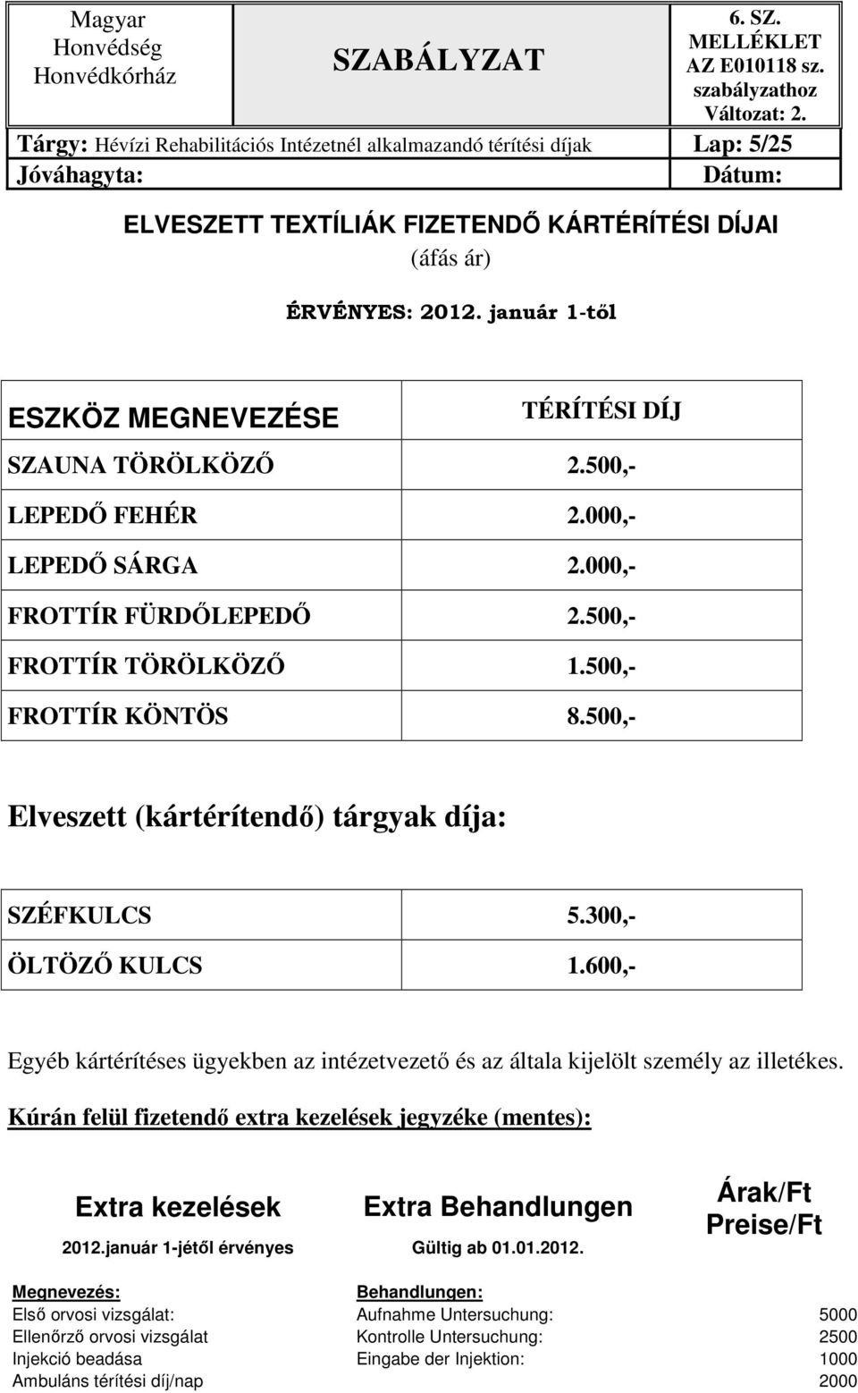 500,- Elveszett (kártérítendő) tárgyak díja: SZÉFKULCS 5.300,- ÖLTÖZŐ KULCS 1.600,- Egyéb kártérítéses ügyekben az intézetvezető és az általa kijelölt személy az illetékes.