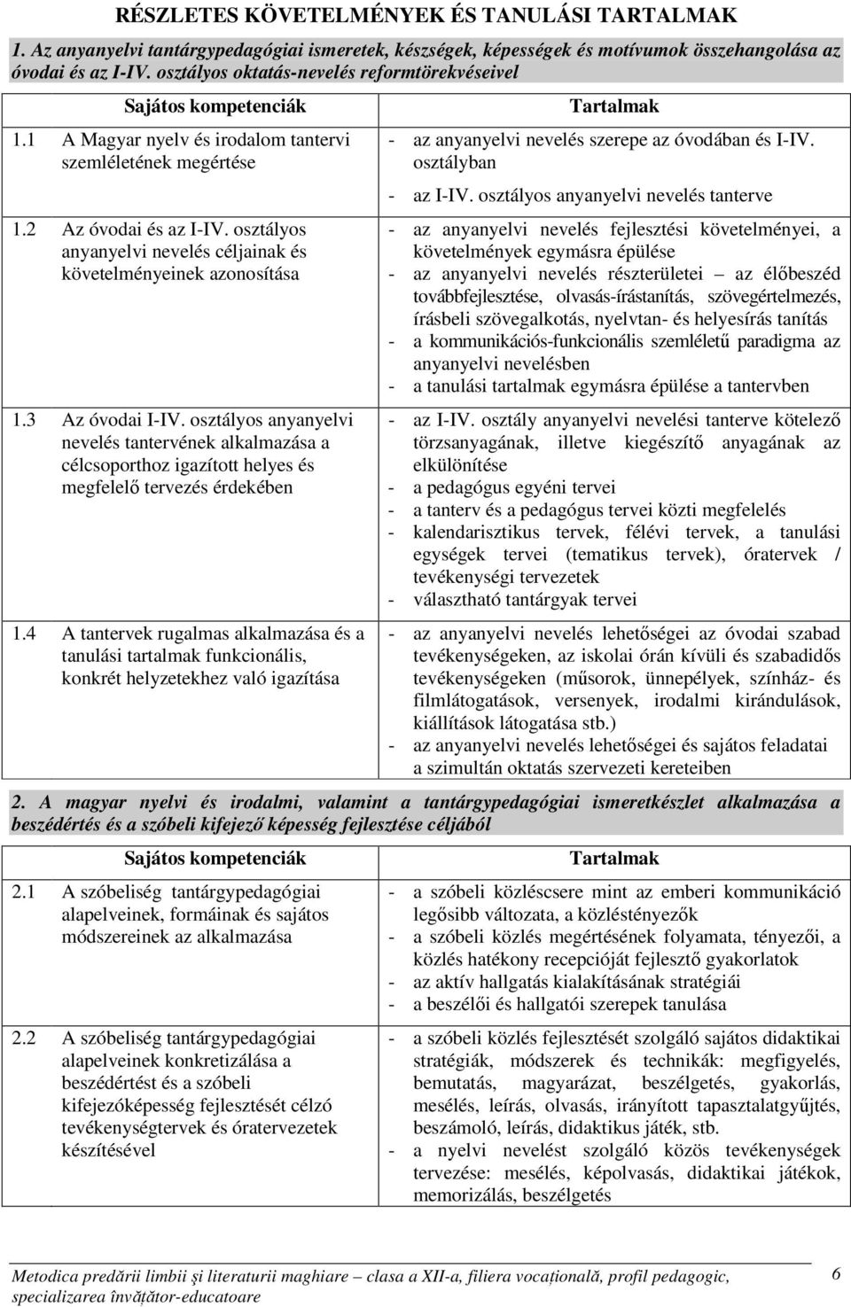 osztályos anyanyelvi nevelés céljainak és követelményeinek azonosítása 1.3 Az óvodai I-IV.