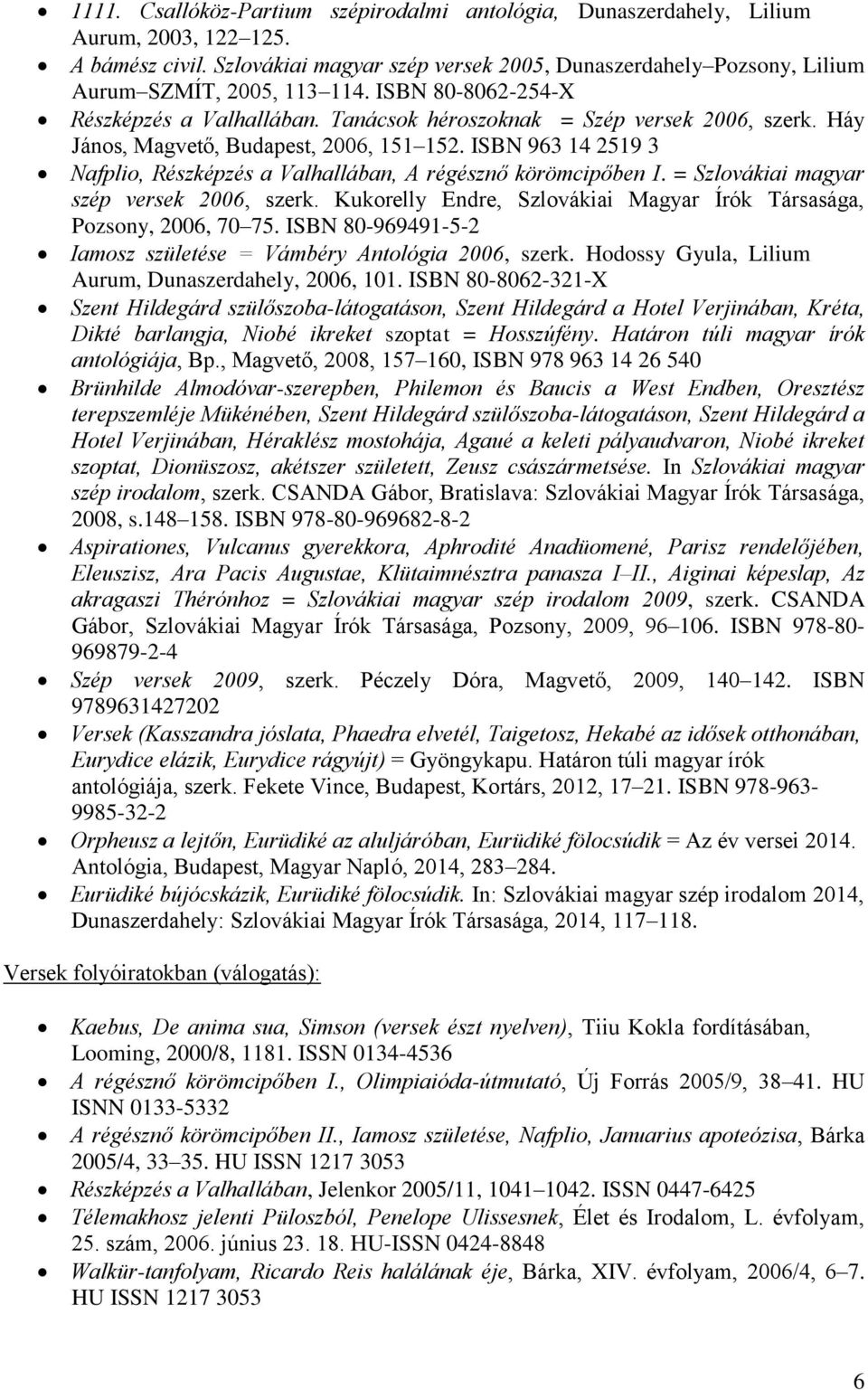 Háy János, Magvető, Budapest, 2006, 151 152. ISBN 963 14 2519 3 Nafplio, Részképzés a Valhallában, A régésznő körömcipőben I. = Szlovákiai magyar szép versek 2006, szerk.