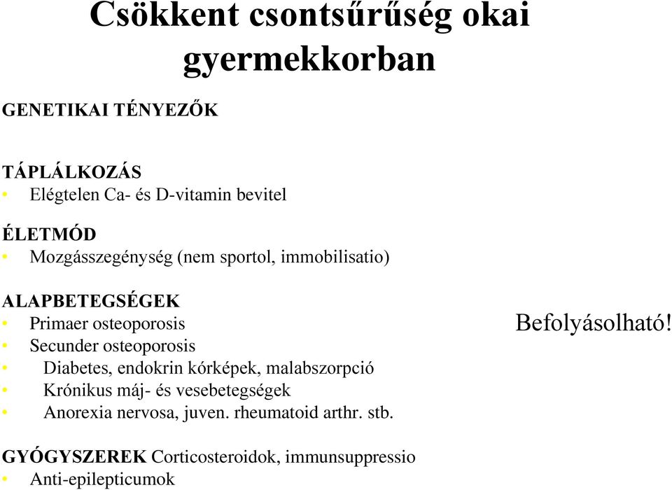 Secunder osteoporosis Diabetes, endokrin kórképek, malabszorpció Krónikus máj- és vesebetegségek Anorexia