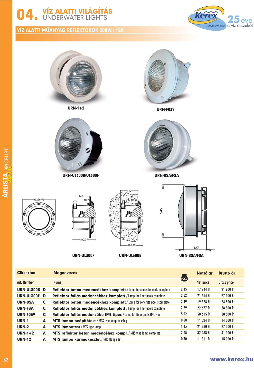 62 21 654 Ft 27 500 Ft URN-BSA C Reflektor beton medencékhez komplett / Lamp for concrete pools complete 2.