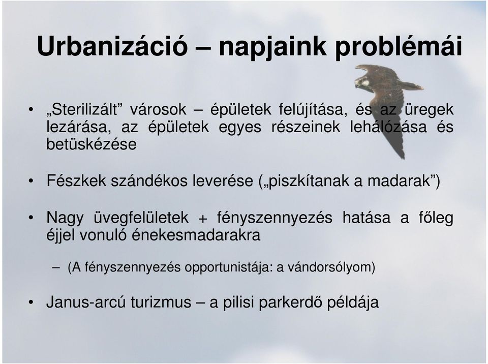 a madarak ) Nagy üvegfelületek + fényszennyezés hatása a főleg éjjel vonuló énekesmadarakra (A