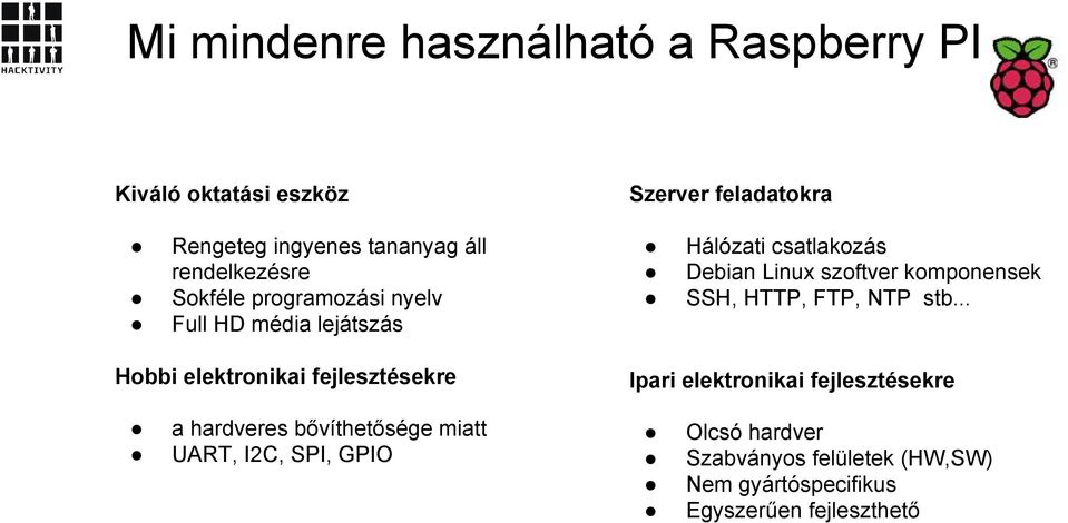 bővíthetősége miatt UART, I2C, SPI, GPIO Hálózati csatlakozás Debian Linux szoftver komponensek SSH, HTTP, FTP, NTP