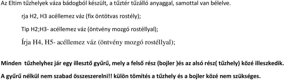 H5- acéllemez váz (öntvény mozgó rostéllyal); Minden tűzhelyhez jár egy illesztő gyűrű, mely a felső rész ( )és