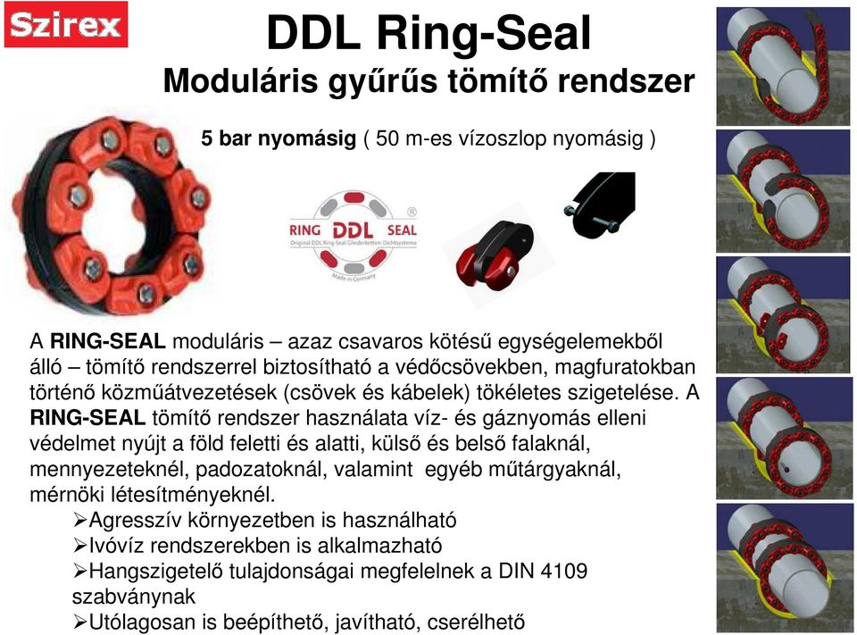 A RING-SEAL tömítő rendszer használata víz- és gáznyomás elleni védelmet nyújt a föld feletti és alatti, külső és belső falaknál, mennyezeteknél, padozatoknál, valamint