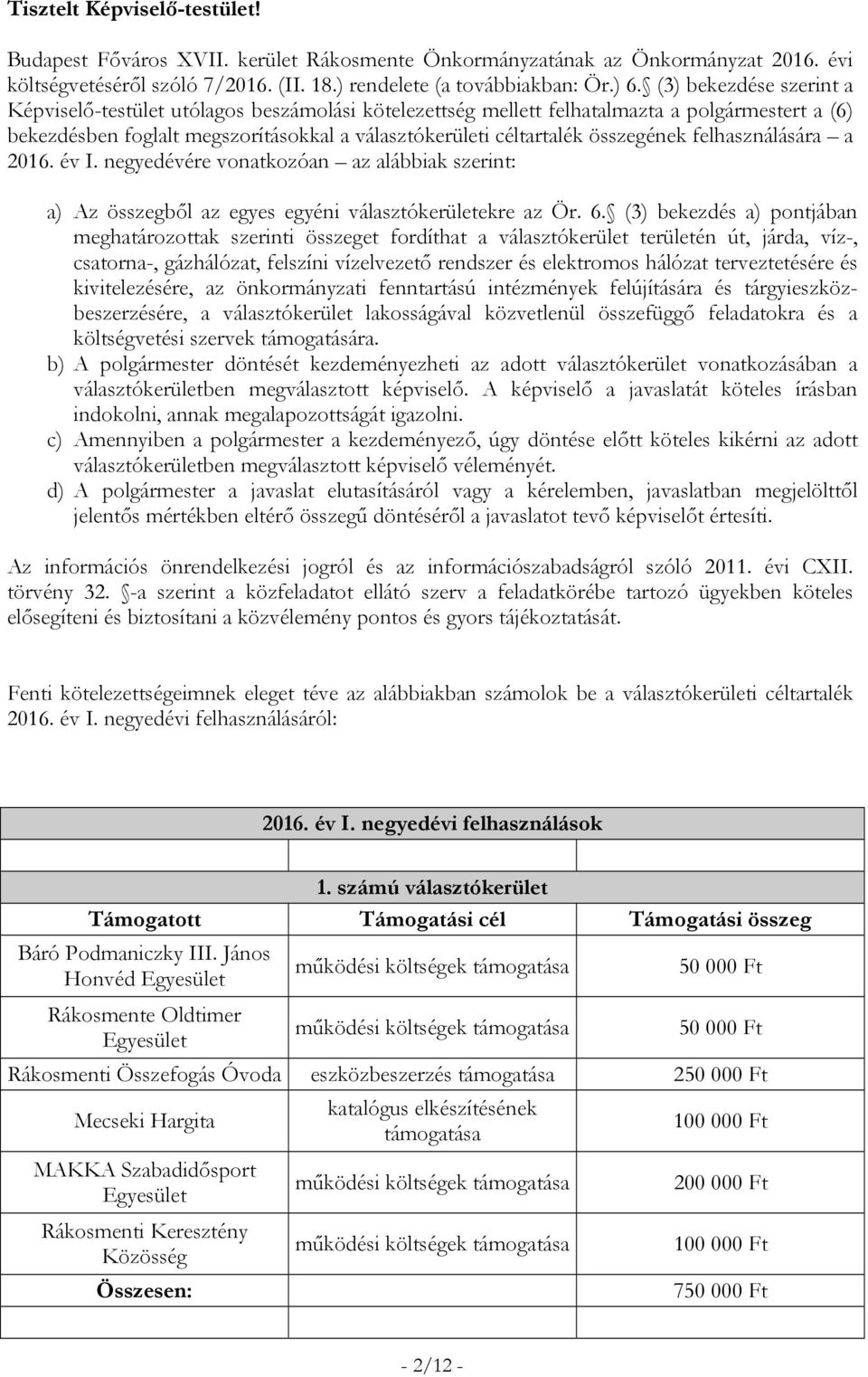összegének felhasználására a 2016. év I. negyedévére vonatkozóan az alábbiak szerint: a) Az összegből az egyes egyéni választókerületekre az Ör. 6.