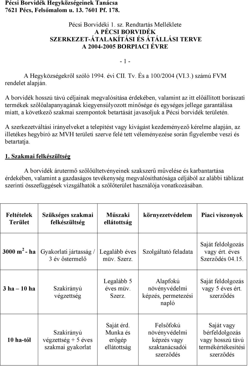 - 1 - A borvidék hosszú távú céljainak megvalósítása érdekében, valamint az itt előállított borászati termékek szőlőalapanyagának kiegyensúlyozott minősége és egységes jellege garantálása miatt, a