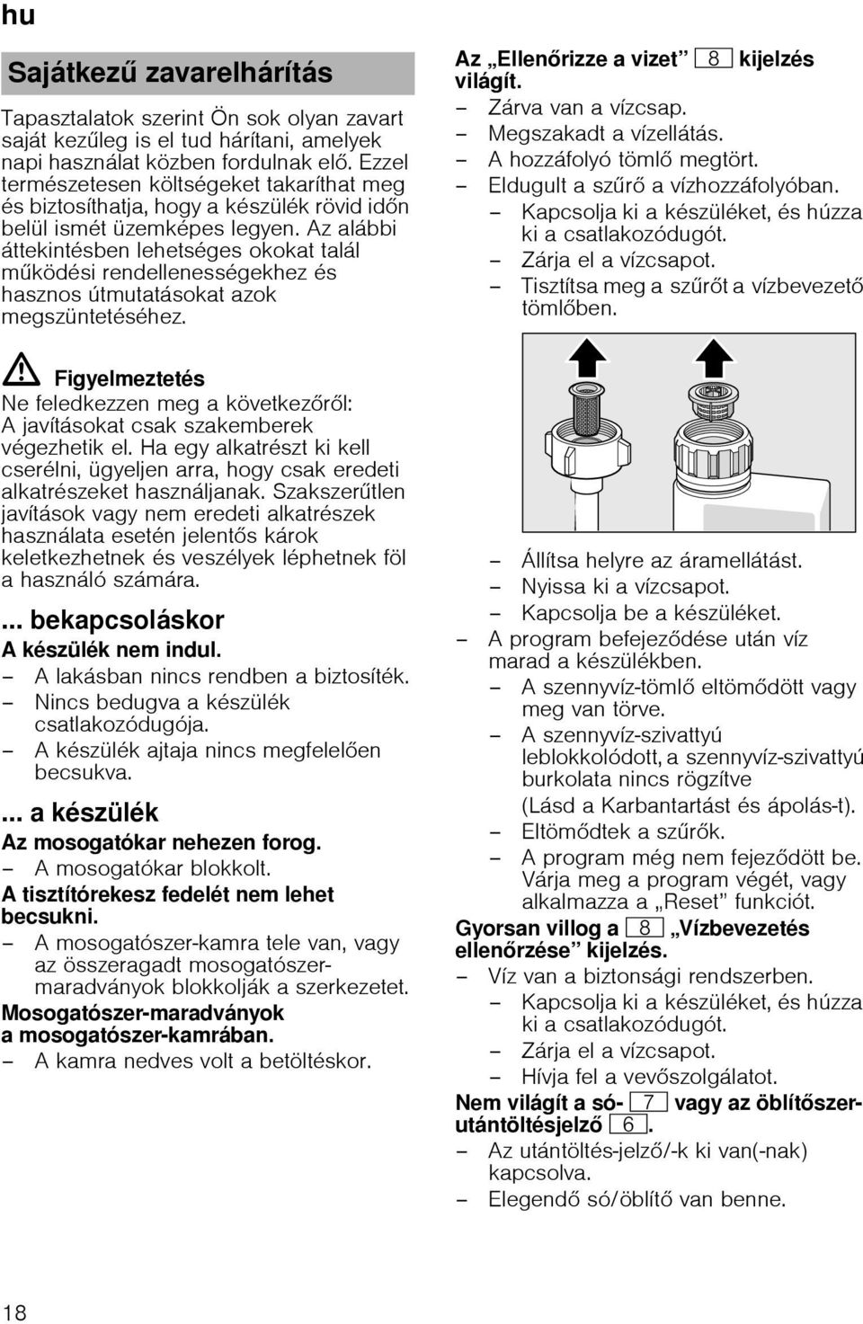 Az alábbi áttekintésben lehetséges okokat talál m ködési rendellenességekhez és hasznos útmutatásokat azok megszüntetéséhez. Az Ellen rizze a vizet ` kijelzés világít. Zárva van a vízcsap.