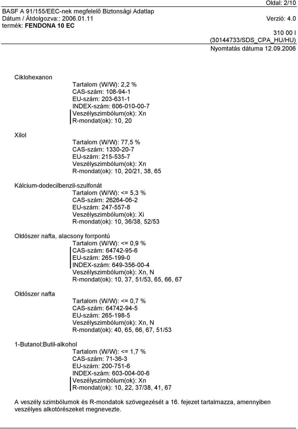 Veszélyszimbólum(ok): Xi R-mondat(ok): 10, 36/38, 52/53 Oldószer nafta, alacsony forrpontú Tartalom (W/W): <= 0,9 % CAS-szám: 64742-95-6 EU-szám: 265-199-0 INDEX-szám: 649-356-00-4