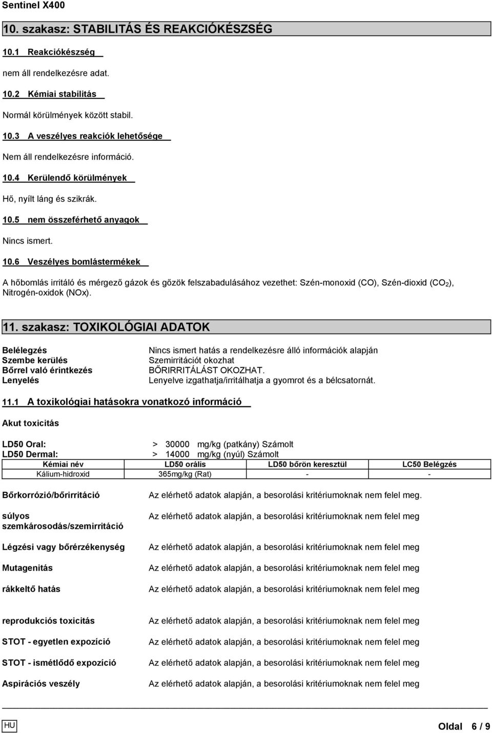 6 Veszélyes bomlástermékek A hőbomlás irritáló és mérgező gázok és gőzök felszabadulásához vezethet: Szén-monoxid (CO), Szén-dioxid (CO 2 ), Nitrogén-oxidok (NOx). 11.