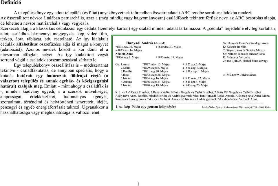 Szerkezeti alapja a klasszikus cédulázás: egy cédula (személyi karton) egy család minden adatát tartalmazza.