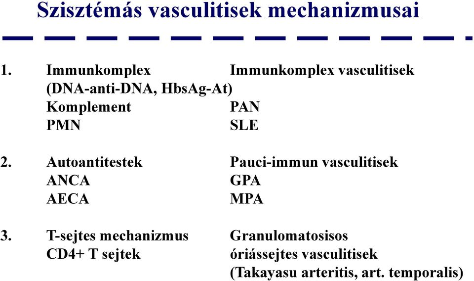 PAN PMN SLE 2. Autoantitestek Pauci-immun vasculitisek ANCA GPA AECA MPA 3.