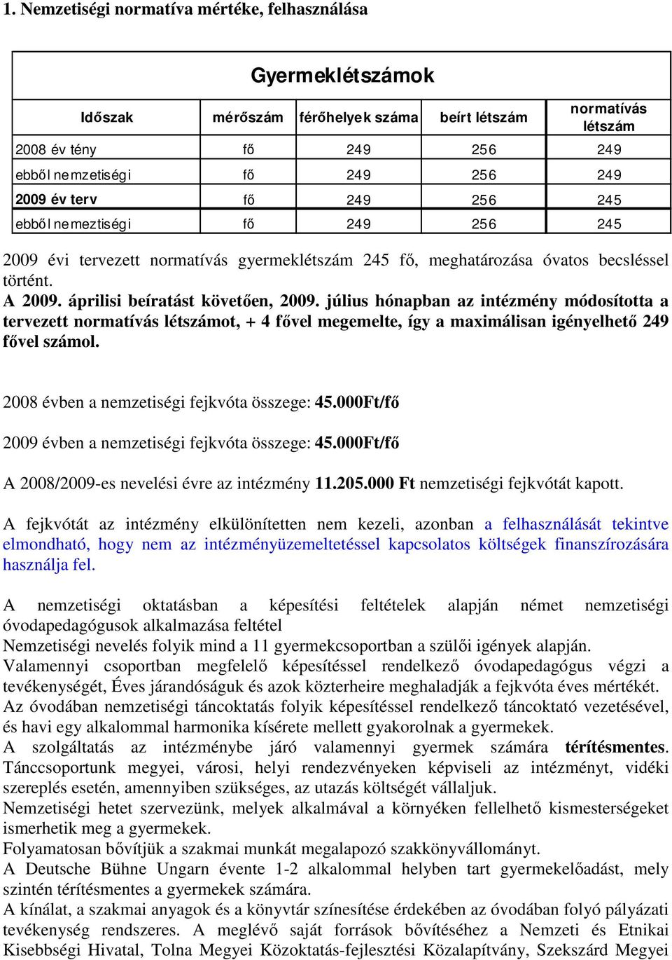 július hónapban az intézmény módosította a tervezett normatívás létszámot, + 4 fıvel megemelte, így a maximálisan igényelhetı 249 fıvel számol. 2008 évben a nemzetiségi fejkvóta összege: 45.