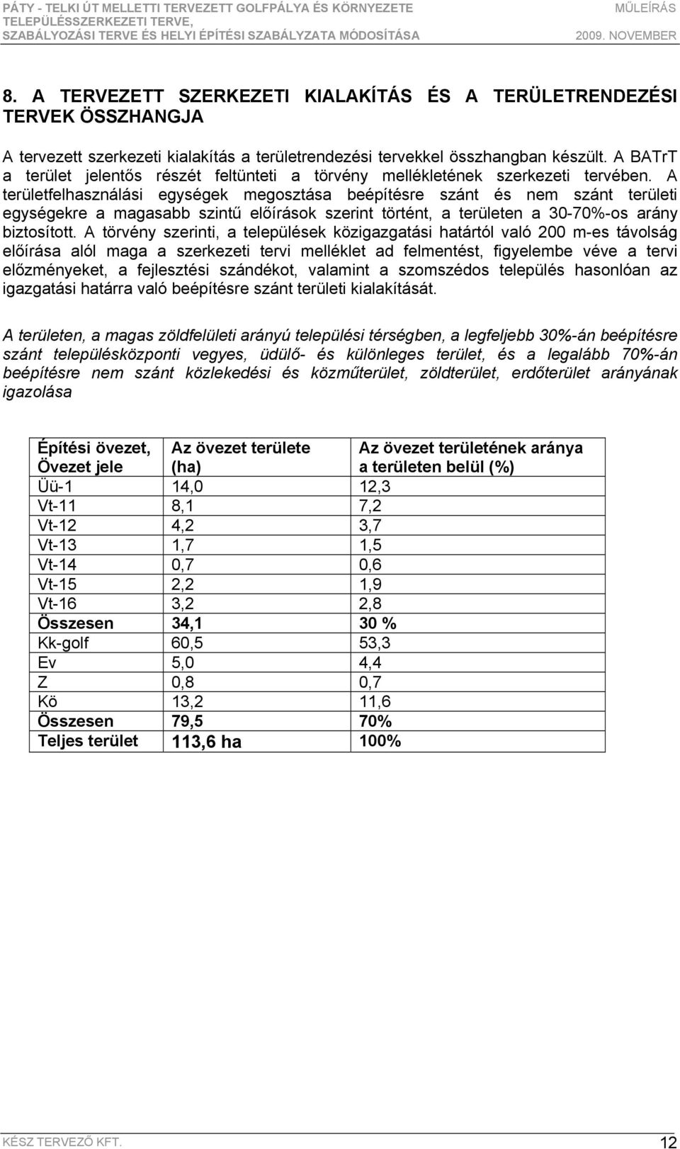 A területfelhasználási egységek megosztása beépítésre szánt és nem szánt területi egységekre a magasabb szintű előírások szerint történt, a területen a 30-70%-os arány biztosított.