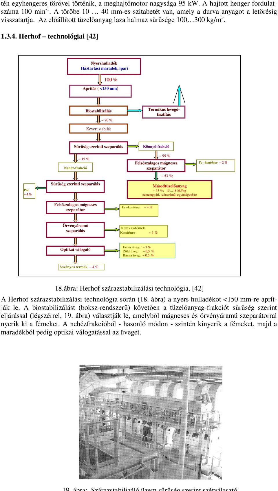 Herhof technológiai [42] Nyershulladék Háztartási maradék, ipari 100 % Aprítás ( <150 mm) Biostabilizálás 70 % Termikus levegőtisztítás Kevert stabilát Por 4 % Sűrűség szerinti szeparálás 15 %