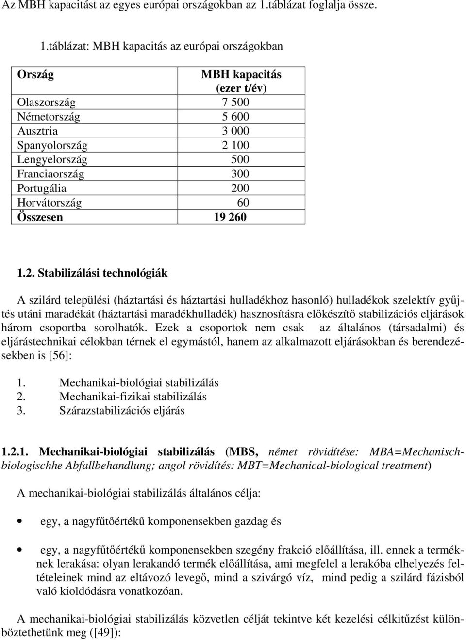 táblázat: MBH kapacitás az európai országokban Ország MBH kapacitás (ezer t/év) Olaszország 7 500 Németország 5 600 Ausztria 3 000 Spanyolország 2 100 Lengyelország 500 Franciaország 300 Portugália