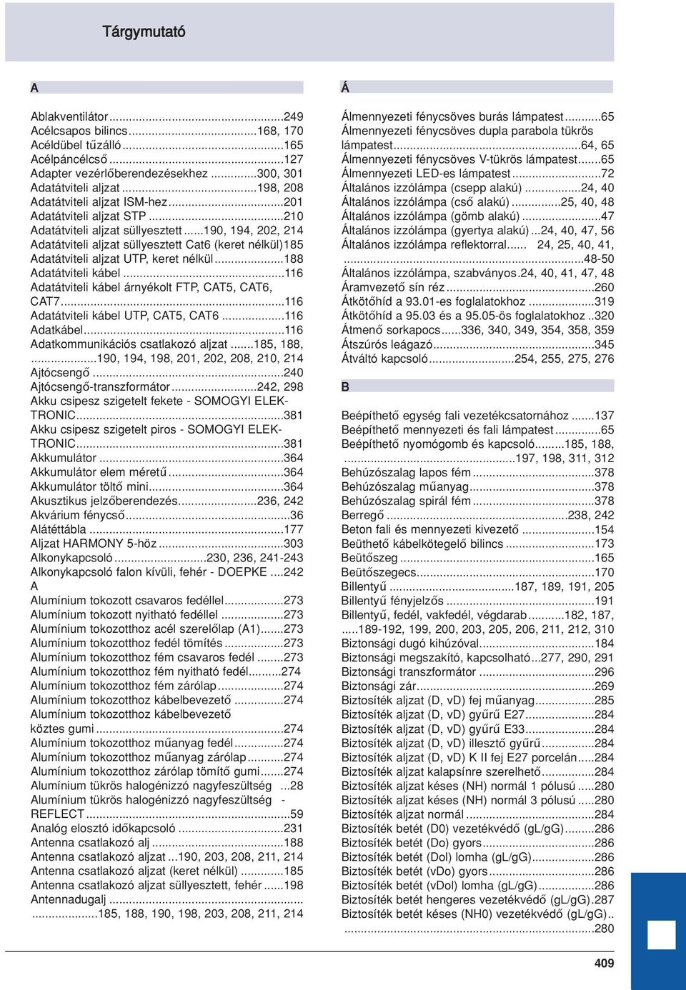 ..188 Adatátviteli kábel...116 Adatátviteli kábel árnyékolt FTP, CAT5, CAT6, CAT7...116 Adatátviteli kábel UTP, CAT5, CAT6...116 Adatkábel...116 Adatkommunikációs csatlakozó aljzat...185, 188,.