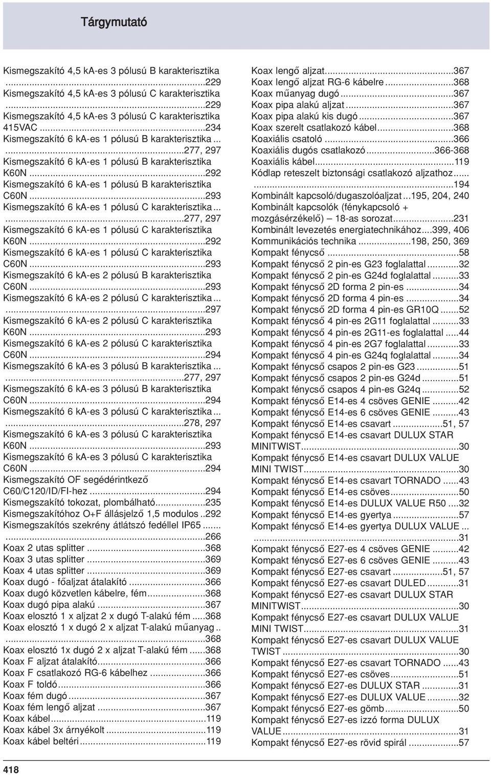 ..293 Kismegszakító 6 ka-es 1 pólusú C karakterisztika......277, 297 Kismegszakító 6 ka-es 1 pólusú C karakterisztika K60N...292 Kismegszakító 6 ka-es 1 pólusú C karakterisztika C60N.