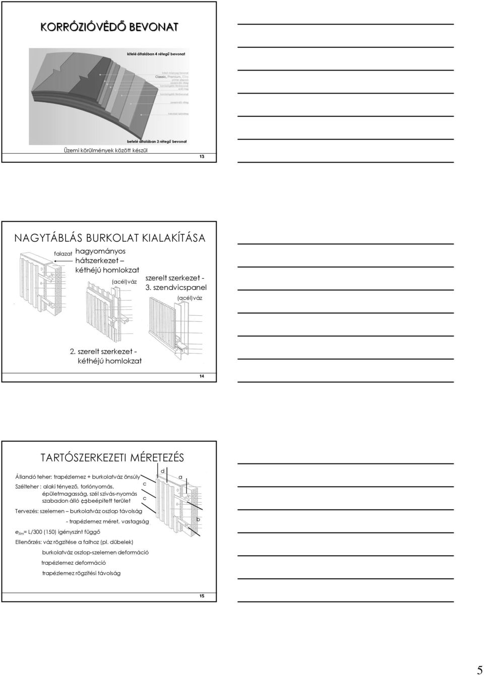 szerelt szerkezet - kéthéjú homlokzat 14 TARTÓSZERKEZETI MÉRETEZÉS Állandó teher: trapézlemez + burkolatváz önsúly c Szélteher : alaki tényező, torlónyomás, épületmagasság, szél