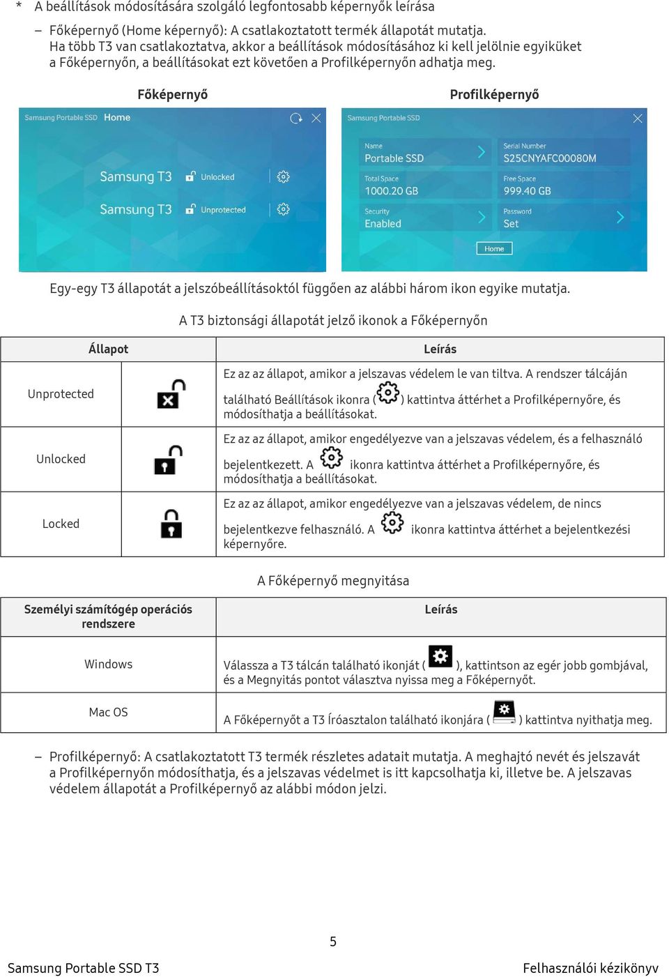 Főképernyő Profilképernyő Egy-egy T3 állapotát a jelszóbeállításoktól függően az alábbi három ikon egyike mutatja.