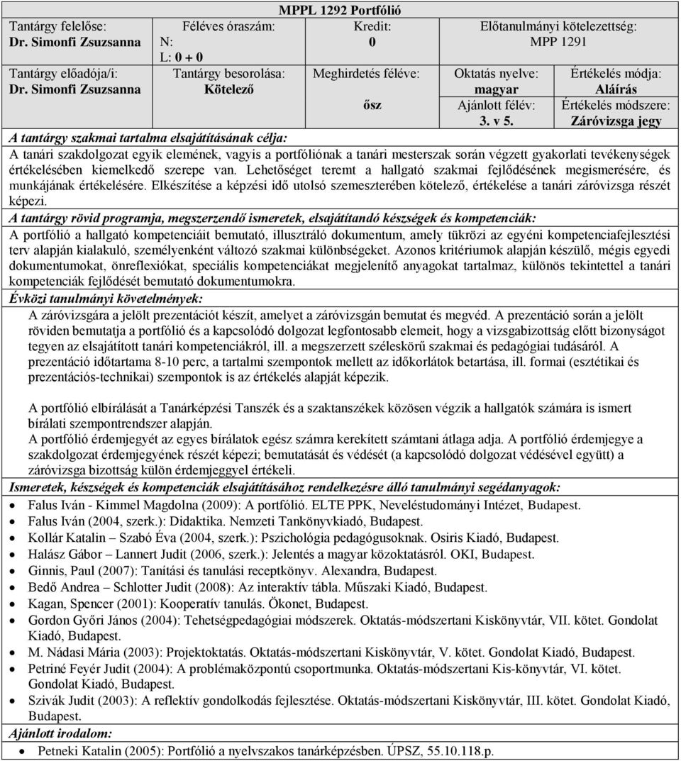 Lehetőséget teremt a hallgató szakmai fejlődésének megismerésére, és munkájának értékelésére. Elkészítése a képzési idő utolsó szemeszterében kötelező, értékelése a tanári záróvizsga részét képezi.