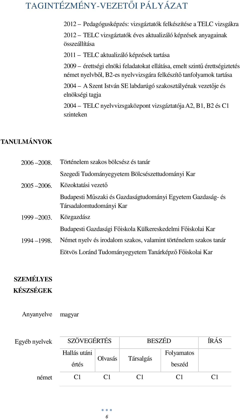TELC nyelvvizsgaközpont vizsgáztatója A2, B1, B2 és C1 szinteken TANULMÁNYOK 2006 2008. Történelem szakos bölcsész és tanár Szegedi Tudományegyetem Bölcsészettudományi Kar 2005 2006.
