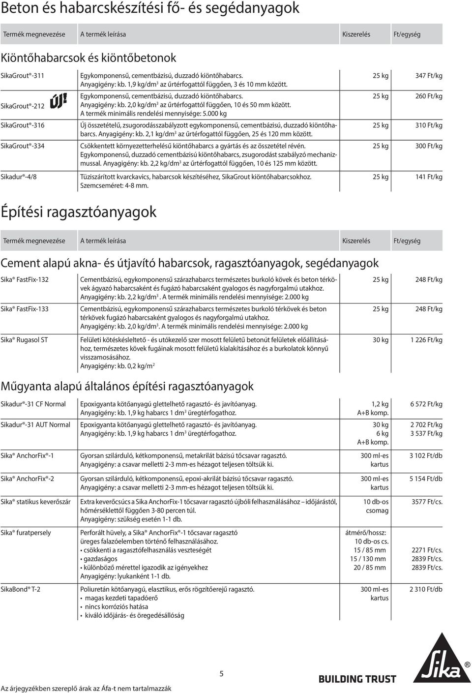 A termék minimális rendelési mennyisége: 5.000 kg Új összetételű, zsugorodásszabályzott egykomponensű, cementbázisú, duzzadó kiöntőhabarcs. Anyagigény: kb.