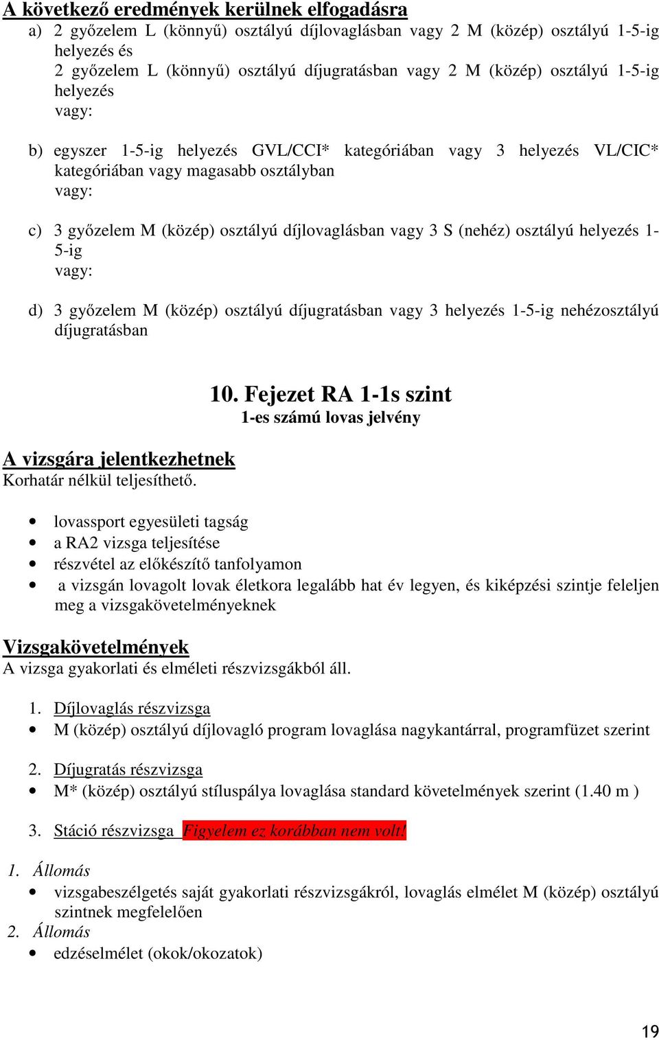 vagy 3 S (nehéz) osztályú helyezés 1-5-ig vagy: d) 3 győzelem M (közép) osztályú díjugratásban vagy 3 helyezés 1-5-ig nehézosztályú díjugratásban A vizsgára jelentkezhetnek Korhatár nélkül