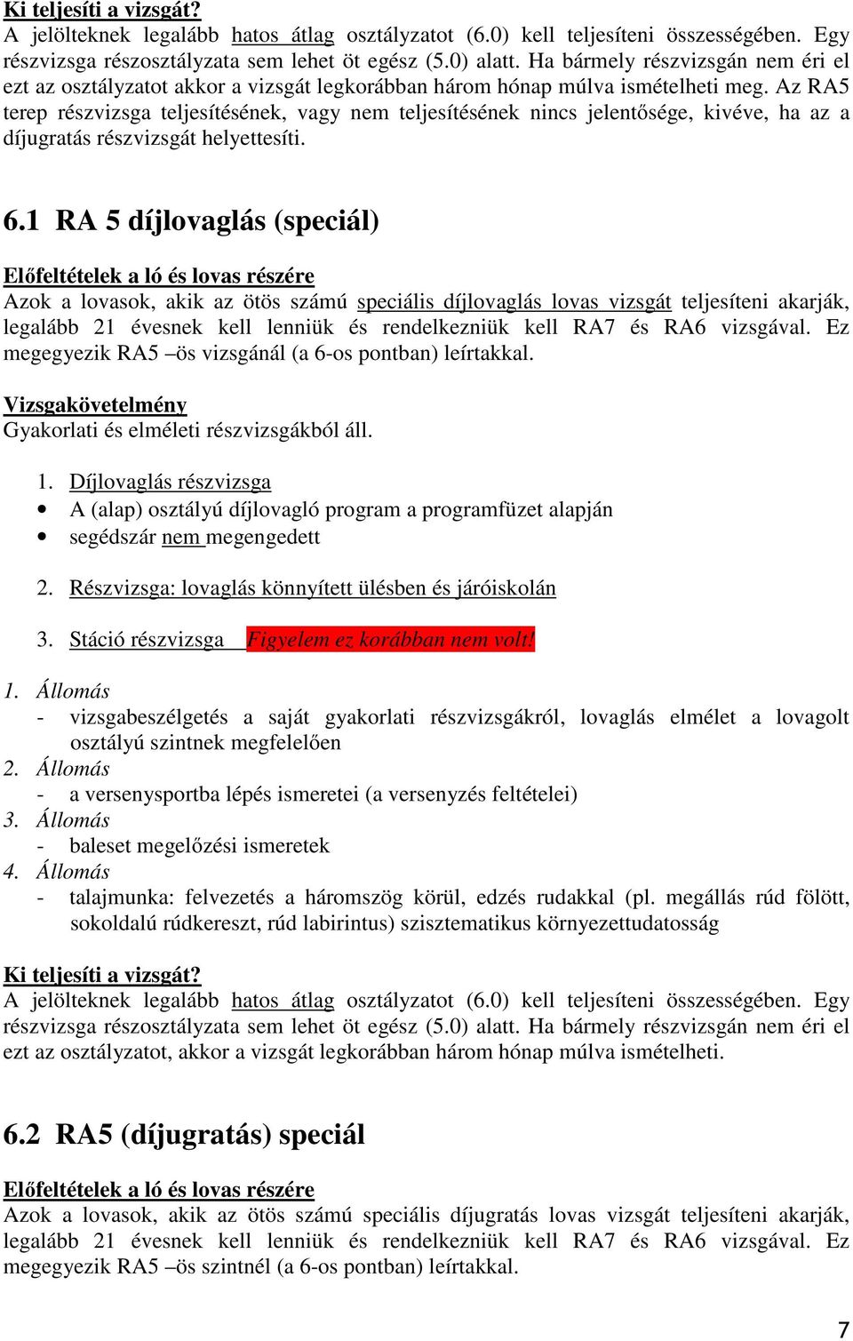 Az RA5 terep részvizsga teljesítésének, vagy nem teljesítésének nincs jelentősége, kivéve, ha az a díjugratás részvizsgát helyettesíti. 6.