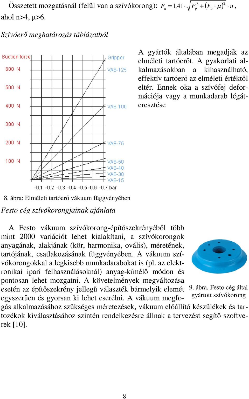 ábra: Elméleti tartóerı vákuum függvényében Festo cég szívókorongjainak ajánlata 9. ábra.