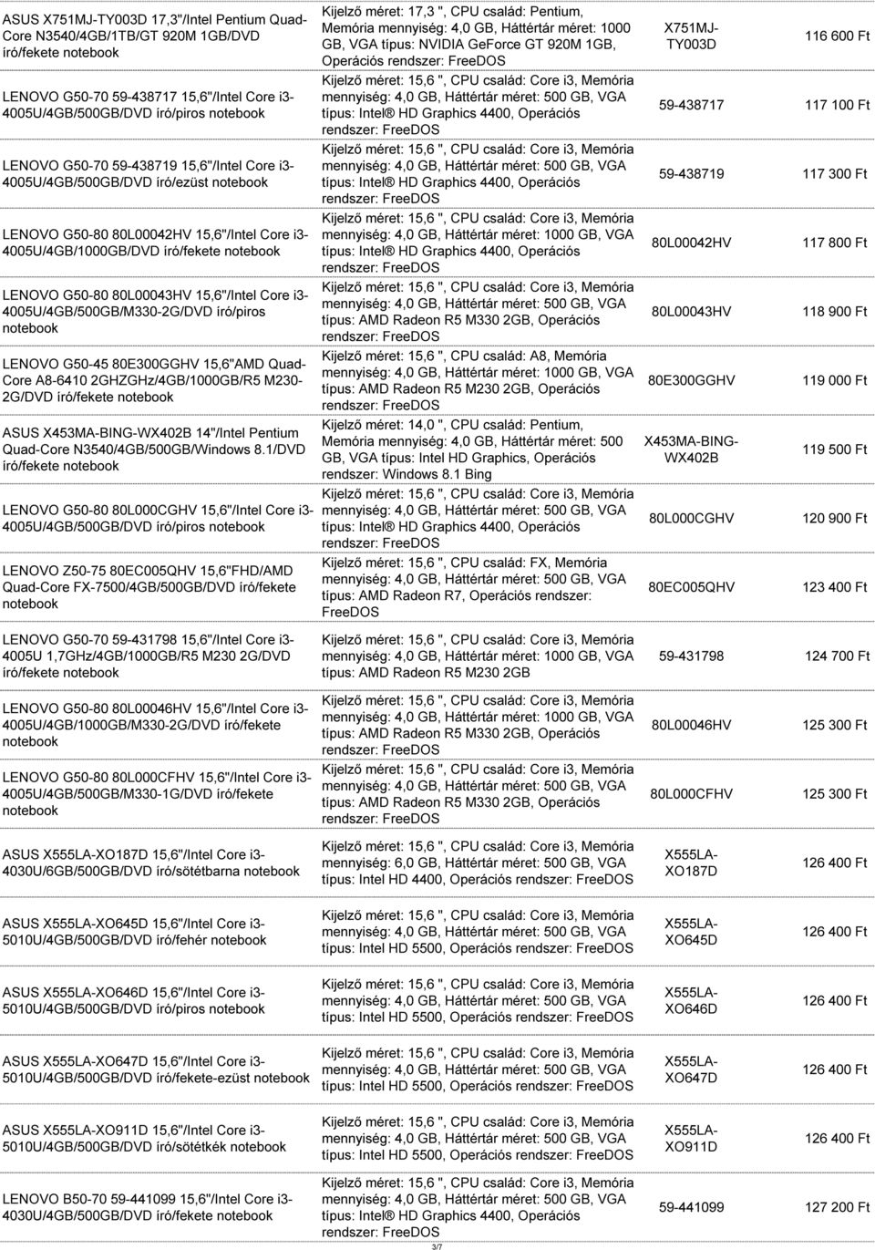 író/piros LENOVO G50-45 80E300GGHV 15,6"AMD Quad- Core A8-6410 2GHZGHz/4GB/1000GB/R5 M230-2G/DVD író/fekete ASUS X453MA-BING-WX402B 14"/Intel Pentium Quad-Core N3540/4GB/500GB/Windows 8.