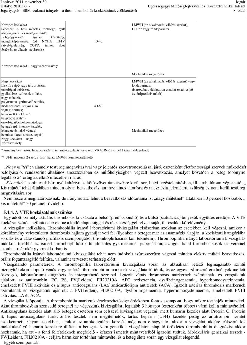 kockázat Elektív csípő vagy térdprotézis, onkológiai sebészet, gyulladásos szövetek műtéte, nagy műtétek, polytrauma, gerincvelő sérülés, medencetörés, súlyos alsó végtagi sérülés; halmozott