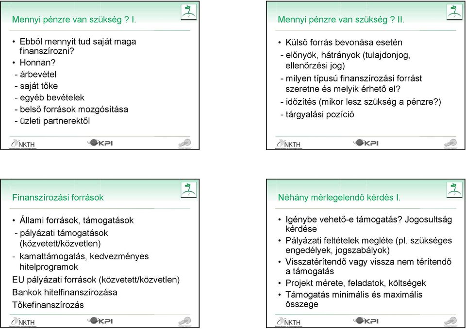 Külső forrás bevonása esetén -előnyök, hátrányok (tulajdonjog, ellenőrzési jog) - milyen típusú finanszírozási forrást szeretne és melyik érhető el? -időzítés (mikor lesz szükség a pénzre?