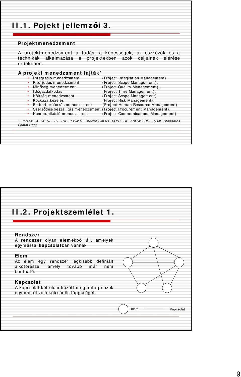 Időgazdálkodás (Project Time Management), Költség menedzsment (Project Scope Management) Kockázatkezelés (Project Risk Management), Emberi erőforrás menedzsment (Project Human Resource Management),