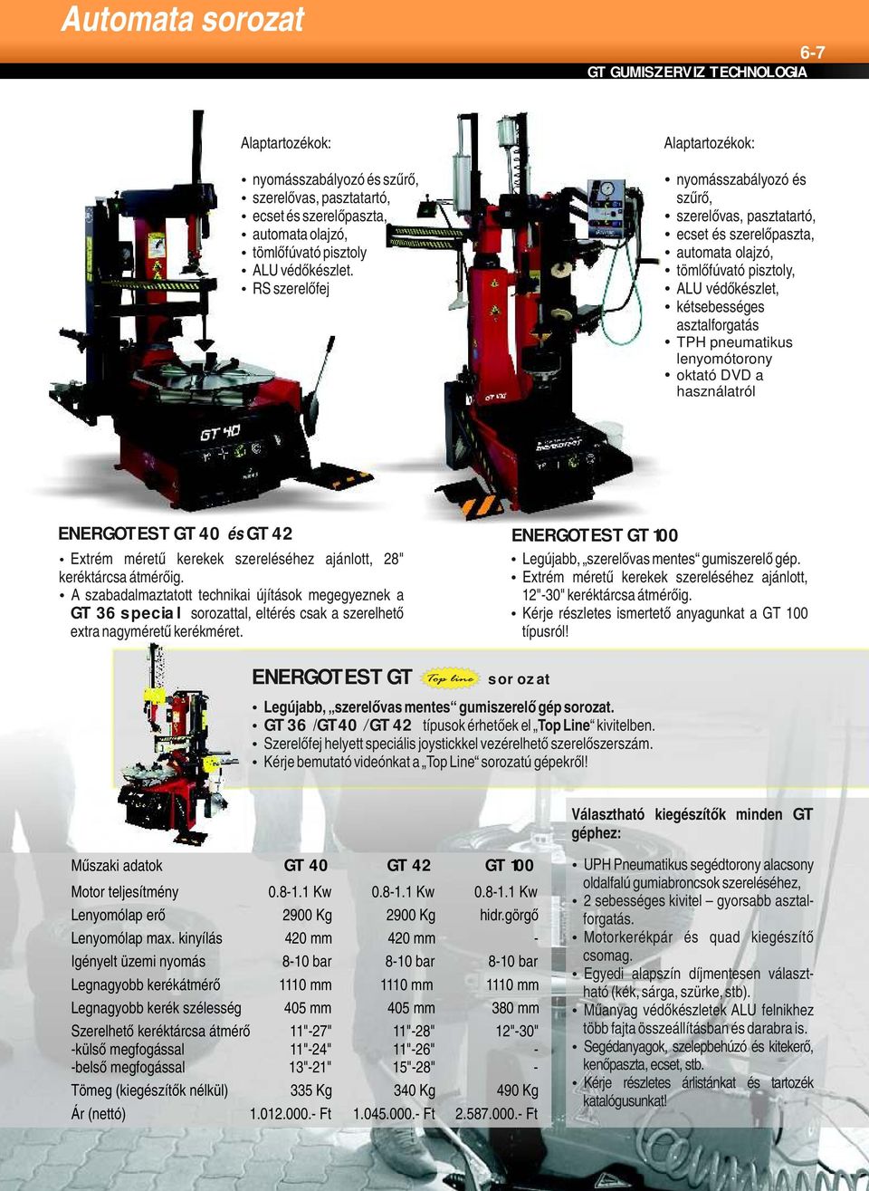 pneumatikus lenyomótorony oktató DVD a használatról ENERGOTEST GT 40 és GT 42 ENERGOTEST GT 100 Extrém méretű kerekek szereléséhez ajánlott, 28" Legújabb, szerelővas mentes gumiszerelő gép.