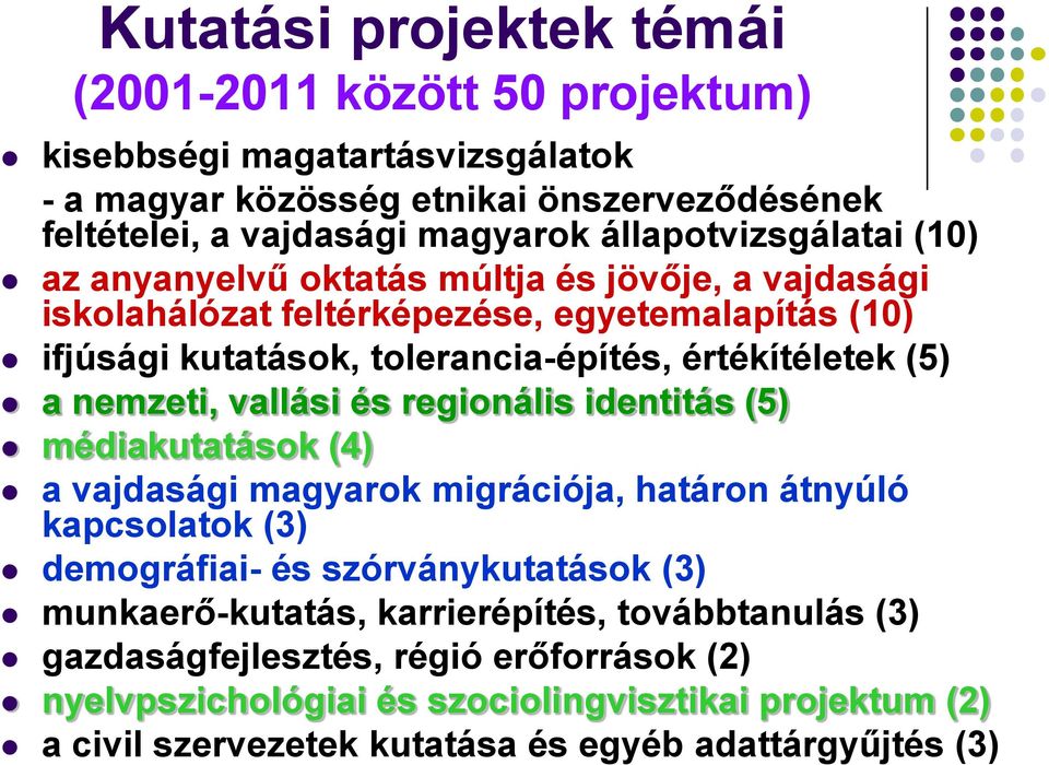 (5) a nemzeti, vallási és regionális identitás (5) médiakutatások (4) a vajdasági magyarok migrációja, határon átnyúló kapcsolatok (3) demográfiai- és szórványkutatások (3)