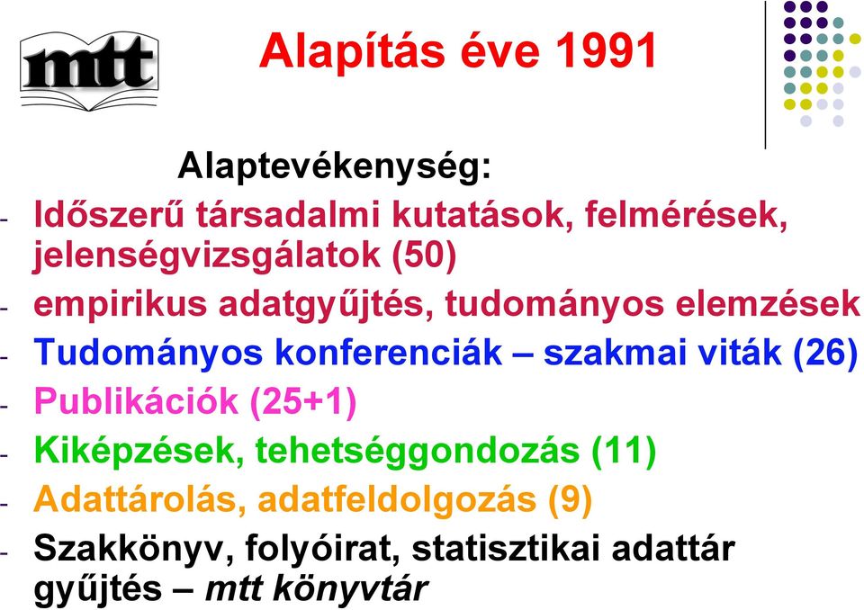 konferenciák szakmai viták (26) - Publikációk (25+1) - Kiképzések, tehetséggondozás (11)