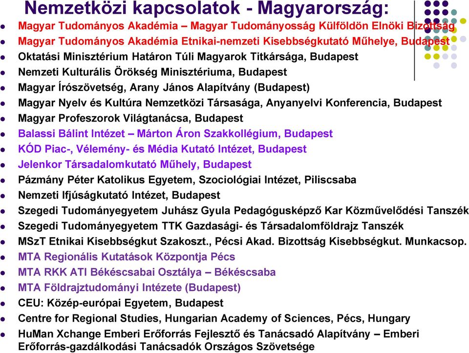 Társasága, Anyanyelvi Konferencia, Budapest Magyar Profeszorok Világtanácsa, Budapest Balassi Bálint Intézet Márton Áron Szakkollégium, Budapest KÓD Piac-, Vélemény- és Média Kutató Intézet, Budapest