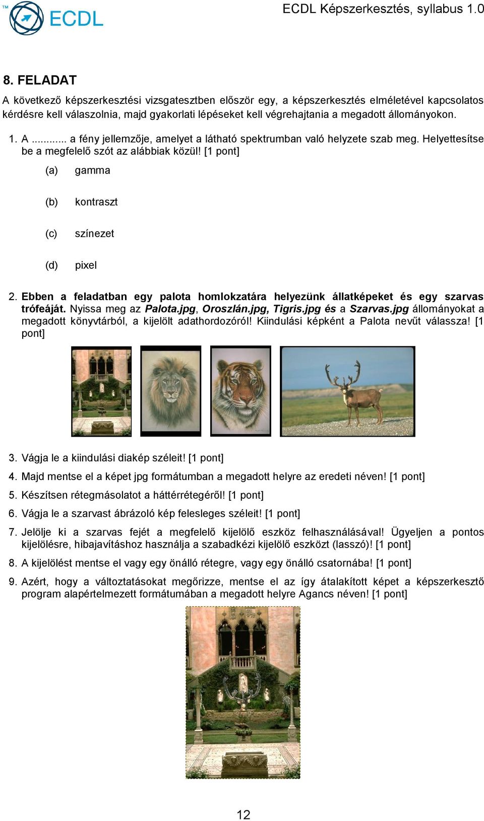 jpg állományokat a megadott könyvtárból, a kijelölt adathordozóról! Kiindulási képként a Palota nevűt válassza! [1 3. Vágja le a kiindulási diakép széleit! [1 4.