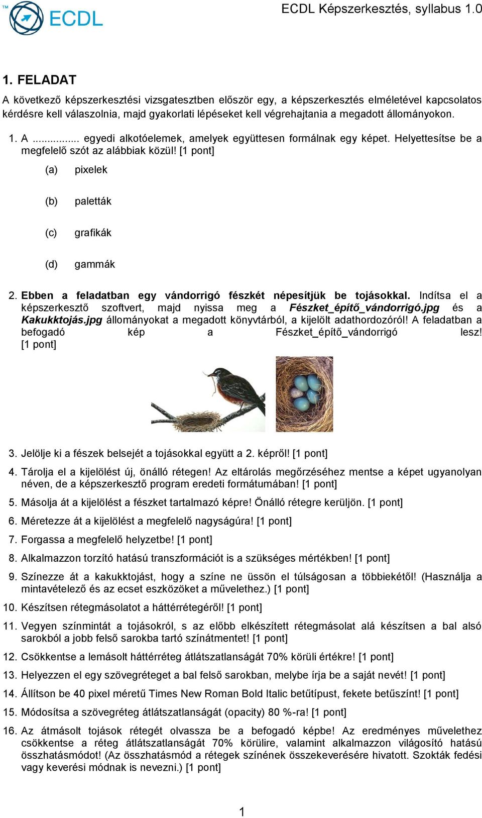 jpg állományokat a megadott könyvtárból, a kijelölt adathordozóról! A feladatban a befogadó kép a Fészket_építő_vándorrigó lesz! [1 3. Jelölje ki a fészek belsejét a tojásokkal együtt a 2. képről!