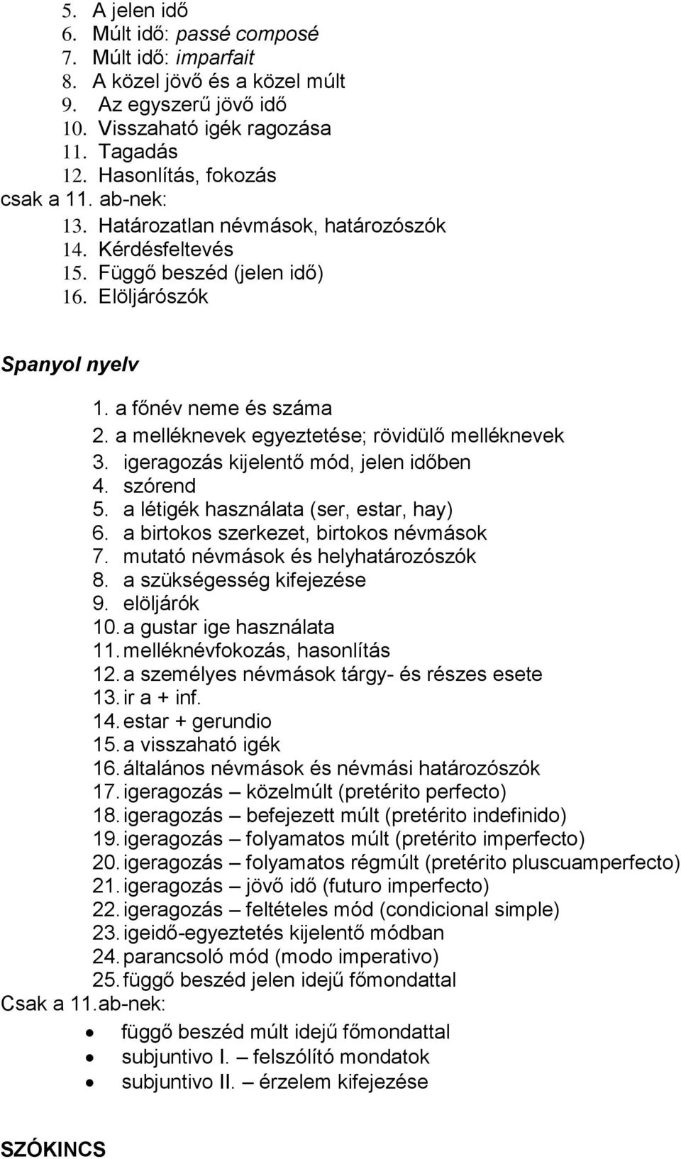 a melléknevek egyeztetése; rövidülő melléknevek 3. igeragozás kijelentő mód, jelen időben 4. szórend 5. a létigék használata (ser, estar, hay) 6. a birtokos szerkezet, birtokos névmások 7.