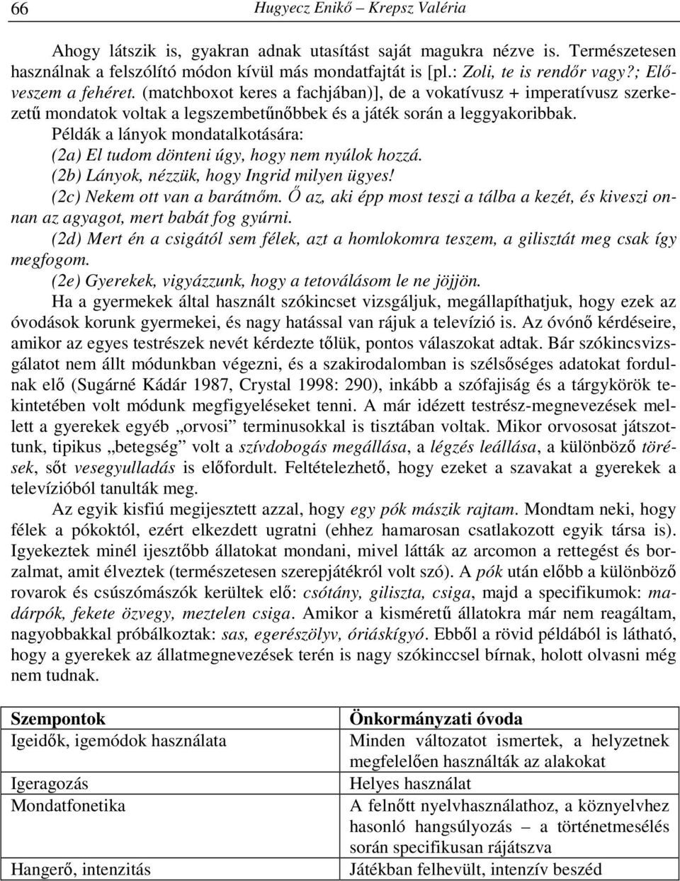 Példák a lányok mondatalkotására: (2a) El tudom dönteni úgy, hogy nem nyúlok hozzá. (2b) Lányok, nézzük, hogy Ingrid milyen ügyes! (2c) Nekem ott van a barátnőm.